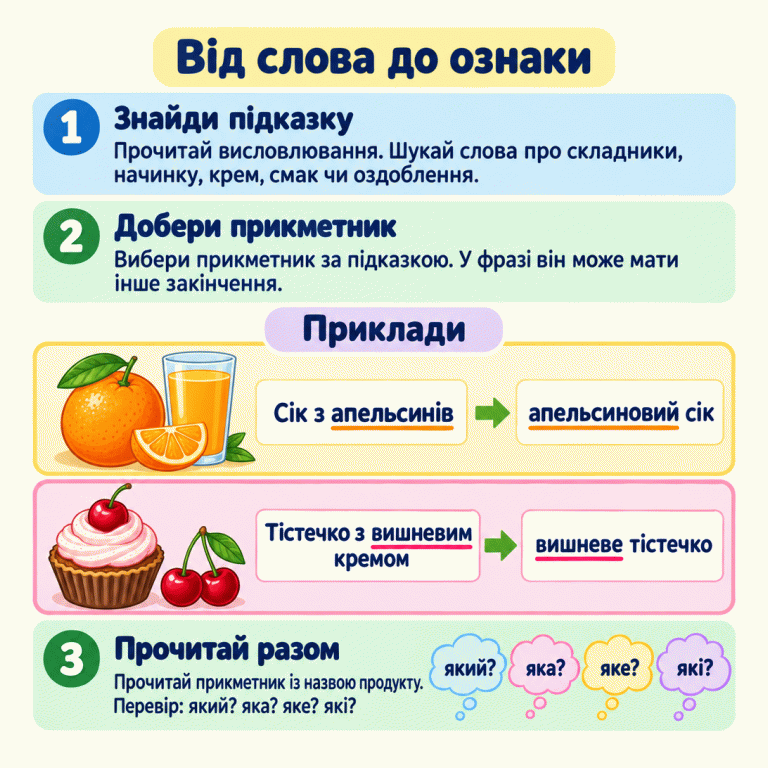 Картка пояснює, як знайти у висловлюванні підказку, дібрати прикметник за змістом і перевірити його з назвою продукту. Навчальні приклади: сік з апельсинів — апельсиновий сік; тістечко з вишневим кремом — вишневе тістечко. Для перевірки подано питання: який? яка? яке? які? Від слова до ознаки Знайди підказку: Прочитай висловлювання. Шукай слова про складники, начинку, крем, смак чи оздоблення. Добери прикметник: Вибери прикметник за підказкою. У фразі він може мати інше закінчення. Прочитай разом: Прочитай прикметник із назвою продукту. Перевір: який? яка? яке? які? Приклади Сік з апельсинів апельсиновий сік Тістечко з вишневим кремом вишневе тістечко 1 2 3 який? яка? яке? які?
