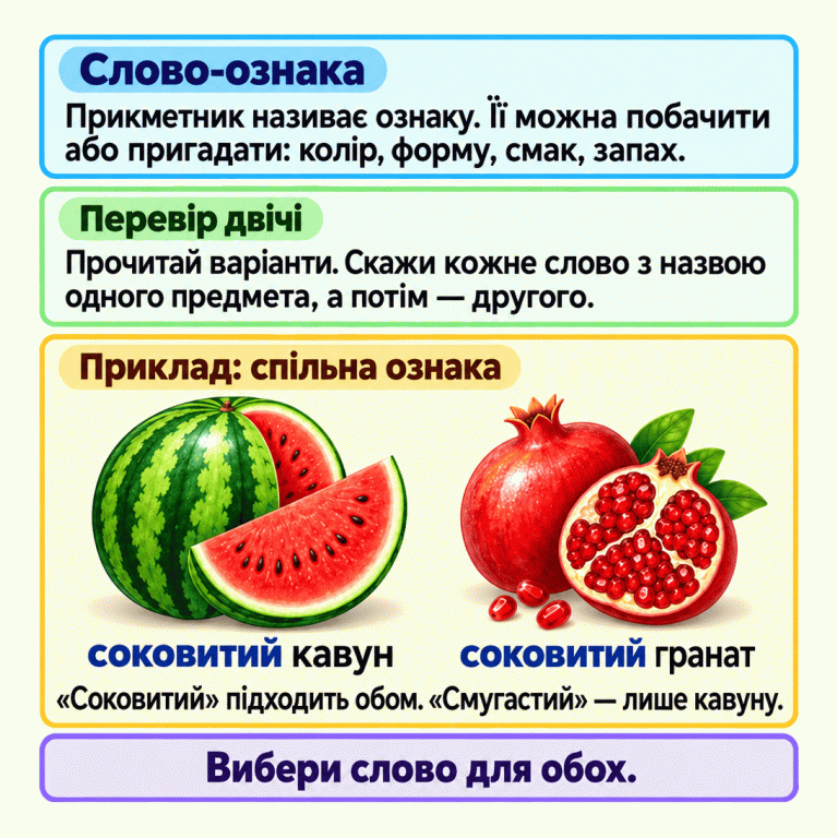 Картка пояснює: прикметник називає ознаку, а кожне запропоноване слово треба перевірити з назвами обох предметів. Ознаки можна побачити або пригадати. У навчальному прикладі кавун і гранат соковиті; біля них написано «соковитий кавун» і «соковитий гранат». Смуги є лише на кавуні, тому «смугастий» не є спільним словом для цієї пари. Треба вибрати слово, яке підходить обом. Слово-ознака: Прикметник називає ознаку. Її можна побачити або пригадати: колір, форму, смак, запах. Перевір двічі: Прочитай варіанти. Скажи кожне слово з назвою одного предмета, а потім — другого. Приклад: спільна ознака: «Соковитий» підходить обом. «Смугастий» — лише кавуну. Вибери слово для обох. соковитий кавун соковитий гранат