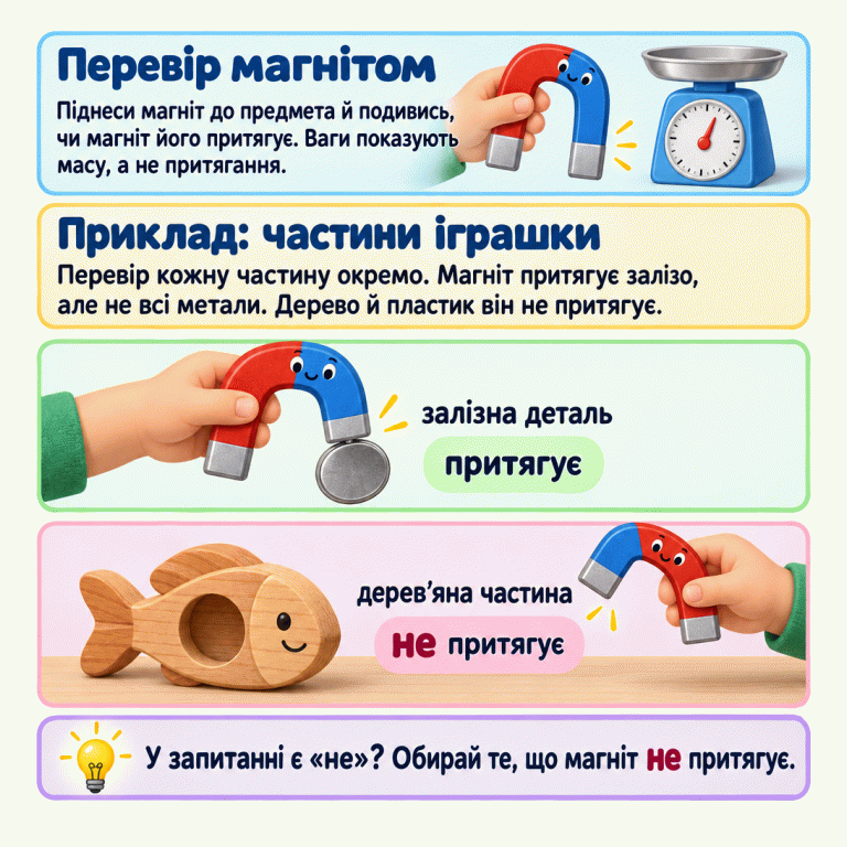 На двох малюнках перевіряють окремі частини однієї іграшки. Залізна вставка тримається на магніті, а дерев’яний корпус лежить на поверхні й не прилипає до піднесеного магніту. Магніт притягує залізо, але не всі метали; дерево й пластик він не притягує. Для перевірки підносять магніт, а ваги показують масу. Якщо в запитанні є «не», обирають те, що магніт не притягує. Перевір магнітом: Піднеси магніт до предмета й подивись, чи магніт його притягує. Ваги показують масу, а не притягання. Приклад: частини іграшки: Перевір кожну частину окремо. Магніт притягує залізо, але не всі метали. Дерево й пластик він не притягує. У запитанні є «не»? Обирай те, що магніт не притягує. залізна деталь притягує дерев’яна частина не притягує