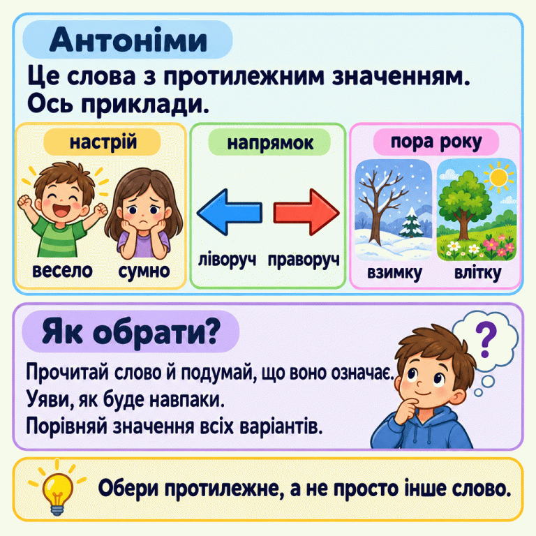 Картка пояснює антоніми — слова з протилежним значенням. Навчальні приклади: весело й сумно з радісним і засмученим обличчями; ліворуч і праворуч зі стрілками у протилежні боки; взимку й влітку із зимовою та літньою сценками. Щоб обрати антонім, потрібно з’ясувати значення поданого слова, уявити протилежне й порівняти всі варіанти. Обираємо протилежне, а не просто інше слово. Антоніми: Це слова з протилежним значенням. Ось приклади. Як обрати?: Прочитай слово й подумай, що воно означає. Уяви, як буде навпаки. Порівняй значення всіх варіантів. Обери протилежне, а не просто інше слово. весело сумно ліворуч праворуч взимку влітку настрій напрямок пора року ?