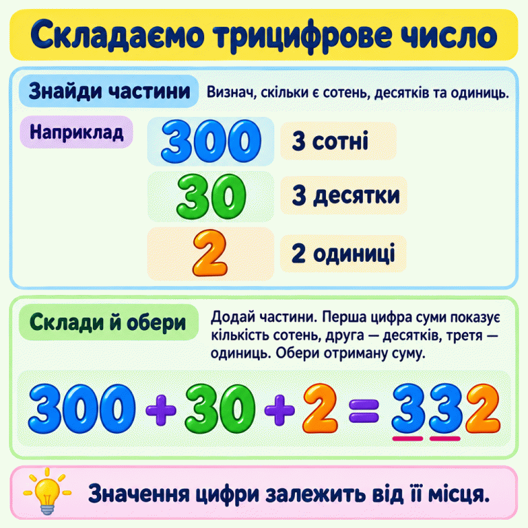 Картка пояснює, як скласти трицифрове число із сотень, десятків та одиниць. У навчальному прикладі 300 — це 3 сотні, 30 — 3 десятки, 2 — 2 одиниці. Нижче показано рівність 300 + 30 + 2 = 332. Інструкція радить додати частини, перевірити розряди цифр і обрати отриману суму. Нагадування: значення цифри залежить від її місця. Складаємо трицифрове число Знайди частини: Визнач, скільки є сотень, десятків та одиниць. Склади й обери: Додай частини. Перша цифра суми показує кількість сотень, друга — десятків, третя — одиниць. Обери отриману суму. Значення цифри залежить від її місця. Наприклад 300 3 сотні 30 3 десятки 2 2 одиниці + = 332