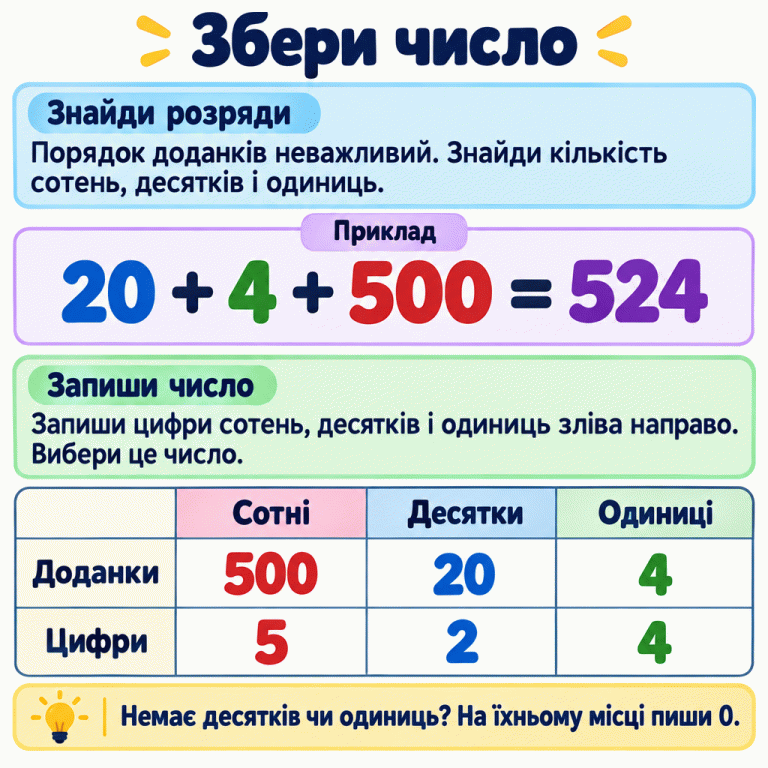 Картка пояснює, як скласти трицифрове число із сотень, десятків і одиниць. Навчальний приклад: 20 + 4 + 500 = 524. У таблиці зліва направо: сотні — доданок 500 і цифра 5; десятки — доданок 20 і цифра 2; одиниці — доданок 4 і цифра 4. Цифри утворюють число 524 незалежно від порядку доданків у сумі. Якщо десятків чи одиниць немає, на їхньому місці записують 0. Збери число Знайди розряди: Порядок доданків неважливий. Знайди кількість сотень, десятків і одиниць. Запиши число: Запиши цифри сотень, десятків і одиниць зліва направо. Вибери це число. Немає десятків чи одиниць? На їхньому місці пиши 0. Приклад 20 + 4 + 500 = 524 Сотні Десятки Одиниці Доданки Цифри 500 20 4 5 2