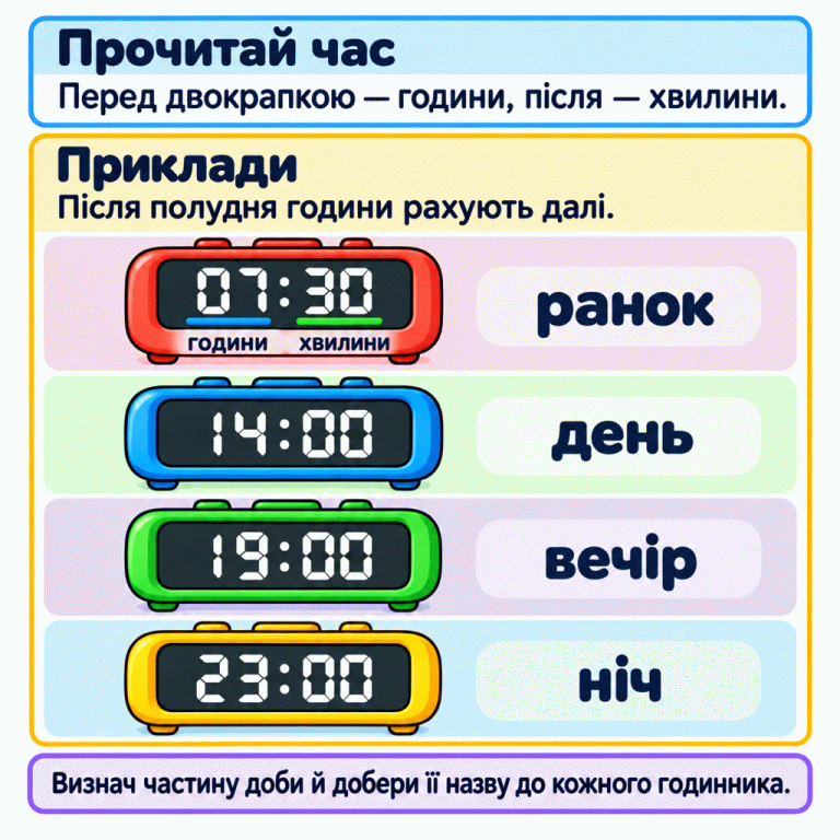Перед двокрапкою на цифровому годиннику записано години, після — хвилини. Навчальні приклади: 07:30 — ранок, 14:00 — день, 19:00 — вечір, 23:00 — ніч. Після полудня години рахують далі. За показом кожного годинника потрібно визначити частину доби й дібрати її назву. Прочитай час: Перед двокрапкою — години, після — хвилини. Приклади: Після полудня години рахують далі. Визнач частину доби й добери її назву до кожного годинника. 07:30 ранок години хвилини 14:00 день 19:00 вечір 23:00 ніч