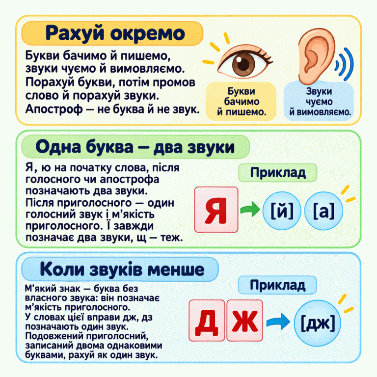 Картка пояснює, як окремо рахувати букви й звуки. Апостроф не є буквою чи звуком. Я та ю можуть передавати один або два звуки залежно від місця у слові; ї та щ передають два звуки. М’який знак не має власного звука. Дж, дз у словах вправи та подовжені приголосні передають один звук. У прикладах одна буква Я відповідає звукам [й] і [а], а дві букви Д і Ж — одному звуку [дж]. Рахуй окремо: Букви бачимо й пишемо, звуки чуємо й вимовляємо. Порахуй букви, потім промов слово й порахуй звуки. Апостроф — не буква й не звук. Одна буква — два звуки: Я, ю на початку слова, після голосного чи апострофа позначають два звуки. Після приголосного — один голосний звук і м’якість приголосного. Ї завжди позначає два звуки, щ — теж. Коли звуків менше: М’який знак — буква без власного звука: він позначає м’якість приголосного. У словах цієї вправи дж, дз позначають один звук. Подовжений приголосний, записаний двома однаковими буквами, рахуй як один звук. Приклад Я [й] [а] Д Ж [дж] Букви бачимо й пишемо. Звуки чуємо й вимовляємо.