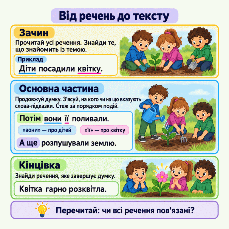 Картка пояснює, як скласти зв’язний текст: прочитати всі речення, знайти зачин, поєднати думки та добрати кінцівку. Навчальний приклад: «Діти посадили квітку. Потім вони її поливали. А ще розпушували землю. Квітка гарно розквітла». Слово «вони» вказує на дітей, а «її» — на квітку. Малюнки показують висаджування, догляд і цвітіння. Наприкінці запропоновано перечитати текст і перевірити зв’язок усіх речень. Від речень до тексту Зачин: Прочитай усі речення. Знайди те, що знайомить із темою. Основна частина: Продовжуй думку. З’ясуй, на кого чи на що вказують слова-підказки. Стеж за порядком подій. Кінцівка: Знайди речення, яке завершує думку. Перечитай: чи всі речення пов’язані? Приклад Діти посадили квітку. Потім вони її поливали. А ще розпушували землю. Квітка гарно розквітла. «вони» — про дітей «її» — про квітку