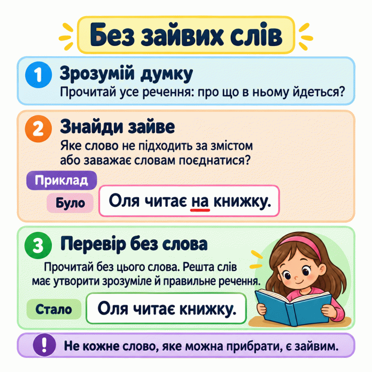 Щоб знайти зайве слово, прочитай усе речення, зрозумій його думку й перевір, яке слово не підходить. Перечитай без цього слова. У навчальному прикладі «Оля читає на книжку.» прибираємо «на» й отримуємо «Оля читає книжку.». Поряд дівчинка читає відкриту книжку. Не кожне слово, яке можна прибрати, є зайвим. Без зайвих слів Зрозумій думку: Прочитай усе речення: про що в ньому йдеться? Знайди зайве: Яке слово не підходить за змістом або заважає словам поєднатися? Перевір без слова: Прочитай без цього слова. Решта слів має утворити зрозуміле й правильне речення. Не кожне слово, яке можна прибрати, є зайвим. Приклад Було Оля читає на книжку. Стало Оля читає книжку. 1 2 3 !