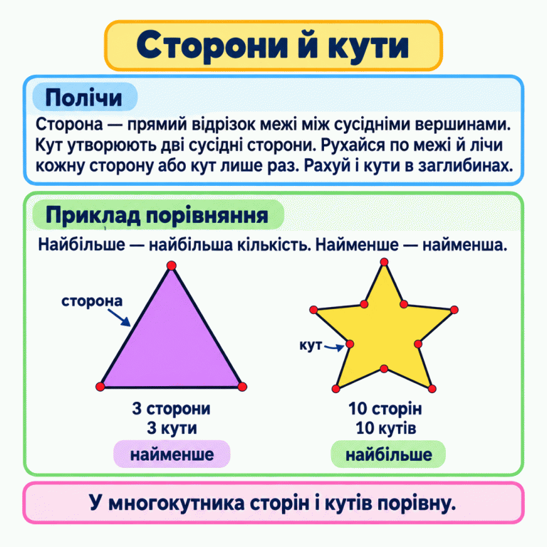 Рахуй кожну сторону або кут по межі лише раз, не пропускаючи кутів у заглибинах. Навчальний приклад із двох фігур: у трикутника 3 сторони й 3 кути, у п’ятикінцевої зірки — 10 сторін і 10 кутів. У цьому прикладі трикутник має найменшу, а зірка — найбільшу кількість сторін і кутів. У многокутника сторін і кутів порівну. Сторони й кути Полічи: Сторона — прямий відрізок межі між сусідніми вершинами. Кут утворюють дві сусідні сторони. Рухайся по межі й лічи кожну сторону або кут лише раз. Рахуй і кути в заглибинах. Приклад порівняння: Найбільше — найбільша кількість. Найменше — найменша. У многокутника сторін і кутів порівну. сторона кут 3 сторони 3 кути 10 сторін 10 кутів найменше найбільше