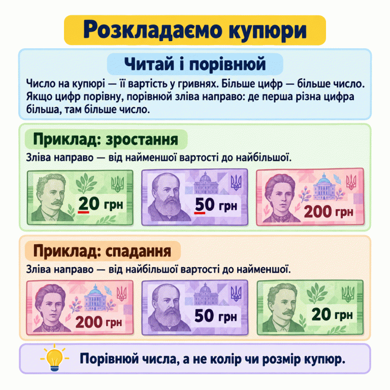 Картка пояснює, як порівнювати вартість гривневих купюр. Більше цифр означає більше число. Якщо цифр порівну, порівнюємо зліва направо: де перша різна цифра більша, там більше число. У навчальному прикладі зростання купюри розташовані зліва направо: 20 грн, 50 грн, 200 грн. У прикладі спадання: 200 грн, 50 грн, 20 грн. Порівнюємо числа, а не колір чи розмір купюр. Розкладаємо купюри Читай і порівнюй: Число на купюрі — її вартість у гривнях. Більше цифр — більше число. Якщо цифр порівну, порівнюй зліва направо: де перша різна цифра більша, там більше число. Приклад: зростання: Зліва направо — від найменшої вартості до найбільшої. Приклад: спадання: Зліва направо — від найбільшої вартості до найменшої. Порівнюй числа, а не колір чи розмір купюр. 20 грн 50 грн 200 грн