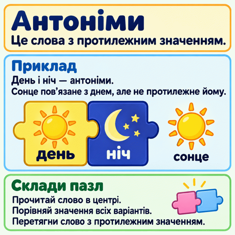 Антоніми — слова з протилежним значенням. У навчальному прикладі день і ніч утворюють таку пару. Сонце пов’язане з днем, але не протилежне йому. Щоб скласти пазл, прочитай слово в центрі, порівняй значення всіх варіантів і перетягни слово з протилежним значенням. Антоніми: Це слова з протилежним значенням. Приклад: День і ніч — антоніми. Сонце пов’язане з днем, але не протилежне йому. Склади пазл: Прочитай слово в центрі. Порівняй значення всіх варіантів. Перетягни слово з протилежним значенням. день ніч сонце