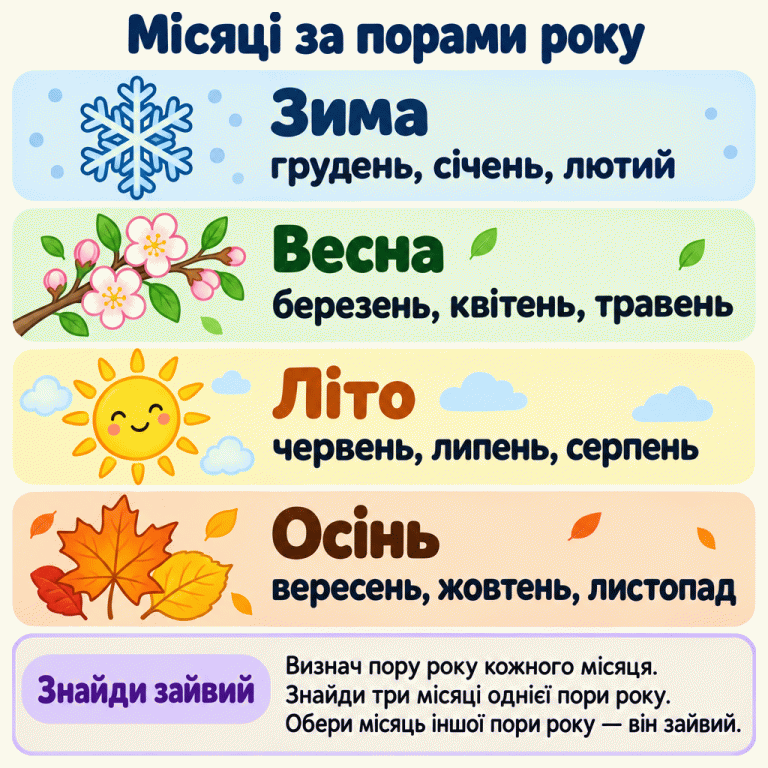 Місяці згруповано за порами року. Зима: грудень, січень, лютий. Весна: березень, квітень, травень. Літо: червень, липень, серпень. Осінь: вересень, жовтень, листопад. Біля груп зображені сніжинка, квітуча гілочка, сонце й опале листя. Щоб знайти зайвий місяць, визнач пору року кожного місяця, знайди три місяці однієї пори року та обери місяць іншої пори. Місяці за порами року Знайди зайвий: Визнач пору року кожного місяця. Знайди три місяці однієї пори року. Обери місяць іншої пори року — він зайвий. Зима грудень, січень, лютий Весна березень, квітень, травень Літо червень, липень, серпень Осінь вересень, жовтень, листопад