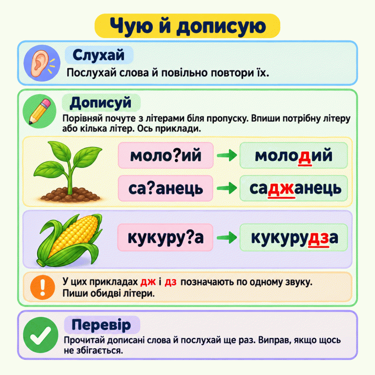 Картка пояснює три дії: послухай, допиши, перевір. Біля саджанця «моло?ий» стає «молодий», а «са?анець» — «саджанець». Біля кукурудзи «кукуру?а» стає «кукурудза». Додані д, дж і дз підкреслено. У цих прикладах дж і дз позначають по одному звуку, але записуються двома літерами. Дописані слова потрібно перечитати й звірити з тим, що чуєш. Чую й дописую Слухай: Послухай слова й повільно повтори їх. Дописуй: Порівняй почуте з літерами біля пропуску. Впиши потрібну літеру або кілька літер. Ось приклади. Перевір: Прочитай дописані слова й послухай ще раз. Виправ, якщо щось не збігається. У цих прикладах дж і дз позначають по одному звуку. Пиши обидві літери. моло?ий молодий са?анець саджанець кукуру?а кукурудза ! ✓