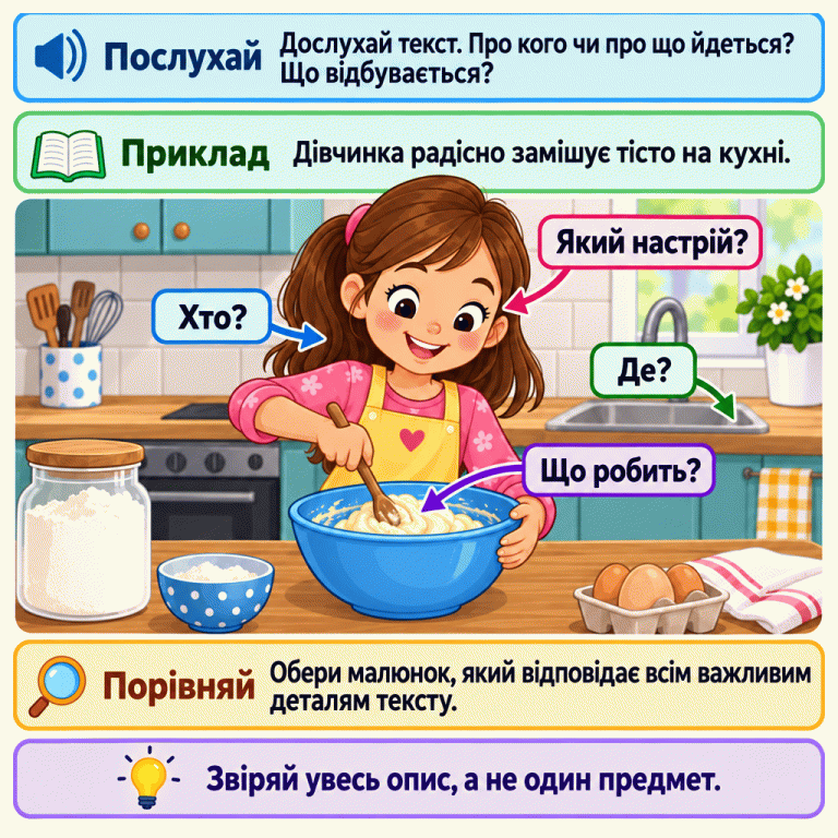 Картка пояснює, як добрати малюнок до почутого тексту: дослухати опис, визначити, про кого чи про що йдеться, і перевірити всі важливі деталі. У навчальному прикладі дівчинка усміхається та замішує тісто в мисці на кухні. Підписи допомагають знайти героїню, її дію, місце й настрій. Потрібно звіряти весь опис, а не лише один предмет. Послухай: Дослухай текст. Про кого чи про що йдеться? Що відбувається? Приклад: Дівчинка радісно замішує тісто на кухні. Порівняй: Обери малюнок, який відповідає всім важливим деталям тексту. Звіряй увесь опис, а не один предмет. Хто? Що робить? Де? Який настрій?