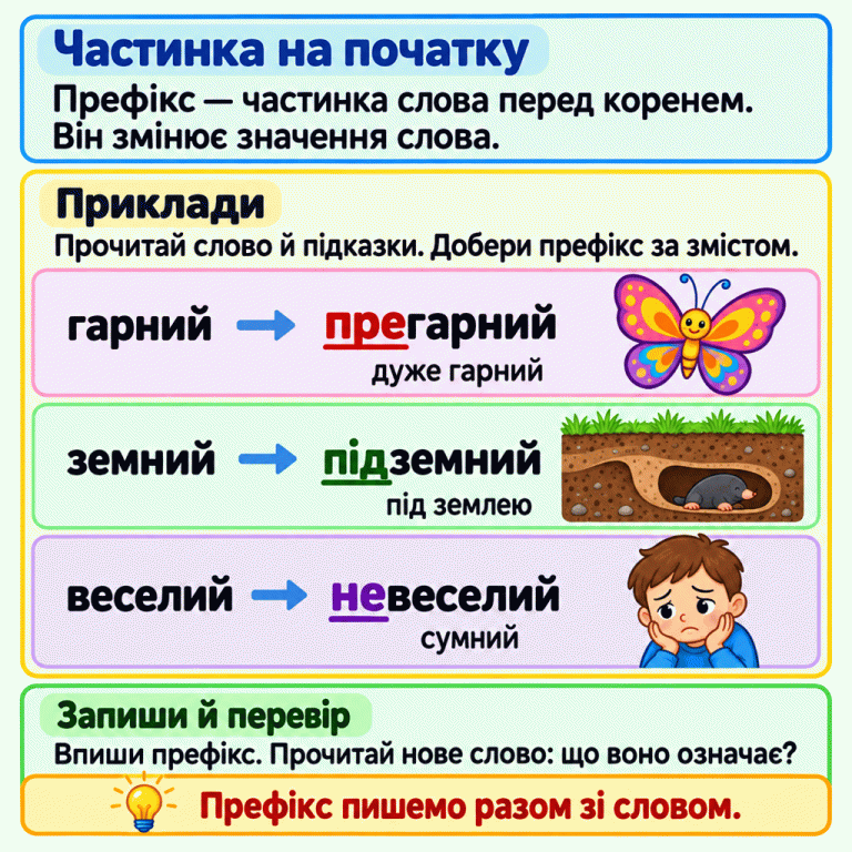 Картка пояснює, що префікс — частинка слова перед коренем, яка змінює значення. Три навчальні приклади: гарний — прегарний, тобто дуже гарний; земний — підземний, тобто під землею; веселий — невеселий, тобто сумний. Поруч зображені метелик, хід під поверхнею ґрунту та сумне обличчя. Додані частинки підкреслені. Інструкція радить прочитати слово й підказки, дібрати префікс за змістом, вписати його та перевірити значення нового слова. Префікс пишемо разом зі словом. Частинка на початку: Префікс — частинка слова перед коренем. Він змінює значення слова. Приклади: Прочитай слово й підказки. Добери префікс за змістом. Запиши й перевір: Впиши префікс. Прочитай нове слово: що воно означає? Префікс пишемо разом зі словом. гарний прегарний дуже гарний земний підземний під землею веселий невеселий сумний
