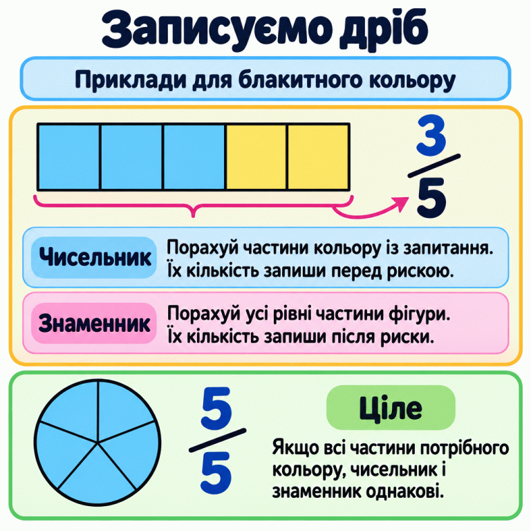 Картка «Записуємо дріб». Навчальні приклади стосуються блакитного кольору. У першій фігурі п’ять рівних частин: три блакитні, дві іншого кольору. Її дріб — 3/5. Чисельник перед рискою показує кількість частин кольору із запитання, знаменник після риски — кількість усіх рівних частин. В іншій фігурі всі п’ять рівних частин блакитні, тому запис — 5/5. Коли всі частини потрібного кольору, чисельник і знаменник однакові. Записуємо дріб Чисельник: Порахуй частини кольору із запитання. Їх кількість запиши перед рискою. Знаменник: Порахуй усі рівні частини фігури. Їх кількість запиши після риски. Ціле: Якщо всі частини потрібного кольору, чисельник і знаменник однакові. Приклади для блакитного кольору 3 5 /