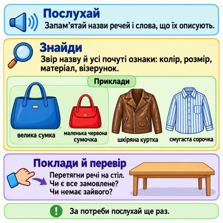 Картка пояснює три дії: послухати назви й опис речей, знайти їх за всіма почутими ознаками та перетягнути на стіл без пропусків і зайвих товарів. У блоці «Приклади» показані велика сумка, маленька червона сумочка, шкіряна куртка та смугаста сорочка. Сумки наочно відрізняються розміром. Унизу зображено стіл і підказку руху; наприкінці запропоновано за потреби послухати замовлення ще раз. Послухай: Запам’ятай назви речей і слова, що їх описують. Знайди: Звір назву й усі почуті ознаки: колір, розмір, матеріал, візерунок. Поклади й перевір: Перетягни речі на стіл. Чи є все замовлене? Чи немає зайвого? За потреби послухай ще раз. Приклади велика сумка маленька червона сумочка шкіряна куртка смугаста сорочка !