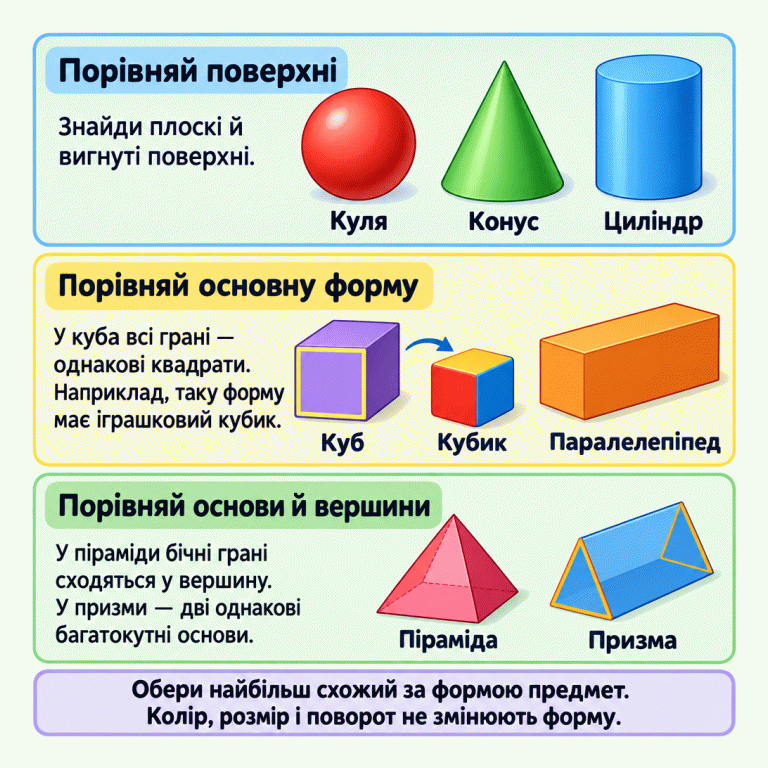 Картка вчить порівнювати основну об’ємну форму фігури й предмета. Угорі показано кулю, конус і циліндр. Куля округла з усіх боків, конус має круглу основу й вершину, а циліндр — дві круглі основи. Посередині показано куб, іграшковий кубик та прямокутний паралелепіпед. У куба всі грані — однакові квадрати; кубик наведено як навчальний приклад предмета такої форми. Унизу показано піраміду з трикутними бічними гранями, що сходяться у спільній вершині, та призму з двома однаковими багатокутними основами. Треба обрати найбільш схожий за формою предмет. Колір, розмір і поворот не змінюють форму. Порівняй поверхні: Знайди плоскі й вигнуті поверхні. Порівняй основну форму: У куба всі грані — однакові квадрати. Наприклад, таку форму має іграшковий кубик. Порівняй основи й вершини: У піраміди бічні грані сходяться у вершину. У призми — дві однакові багатокутні основи. Обери найбільш схожий за формою предмет. Колір, розмір і поворот не змінюють форму. Куля Конус Циліндр Куб Кубик Паралелепіпед Піраміда Призма