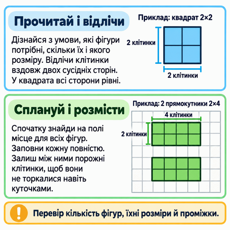 Картка пояснює, як прочитати кількість і розміри фігур та спланувати їх на сітці. Навчальний квадрат 2×2 має два ряди й два стовпчики заповнених клітинок. Два навчальні прямокутники 2×4 мають по два ряди з чотирьох клітинок і розділені порожнім рядом. Підписи показують довжини сторін. Потрібно заповнювати кожну фігуру повністю й перевіряти кількість, розміри та проміжки, щоб фігури не торкалися навіть куточками. Прочитай і відлічи: Дізнайся з умови, які фігури потрібні, скільки їх і якого розміру. Відлічи клітинки вздовж двох сусідніх сторін. У квадрата всі сторони рівні. Сплануй і розмісти: Спочатку знайди на полі місце для всіх фігур. Заповни кожну повністю. Залиш між ними порожні клітинки, щоб вони не торкалися навіть куточками. Перевір кількість фігур, їхні розміри й проміжки. Приклад: квадрат 2×2 Приклад: 2 прямокутники 2×4 2 клітинки 4 клітинки !