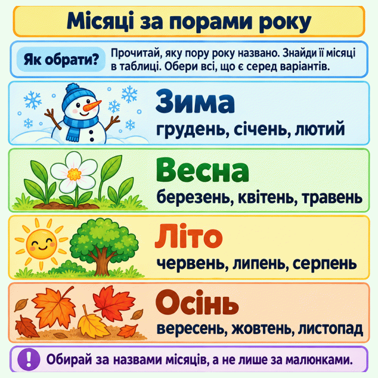 Ілюстрована таблиця місяців за порами року. Зима — грудень, січень, лютий; весна — березень, квітень, травень; літо — червень, липень, серпень; осінь — вересень, жовтень, листопад. Поруч зображено сніговика, квітку, сонце з деревом та опалі листочки. Інструкція радить знайти названу пору року й обрати всі її місяці серед варіантів, орієнтуючись на назви, а не лише на малюнки. Місяці за порами року Як обрати?: Прочитай, яку пору року названо. Знайди її місяці в таблиці. Обери всі, що є серед варіантів. Обирай за назвами місяців, а не лише за малюнками. Зима грудень, січень, лютий Весна березень, квітень, травень Літо червень, липень, серпень Осінь вересень, жовтень, листопад !