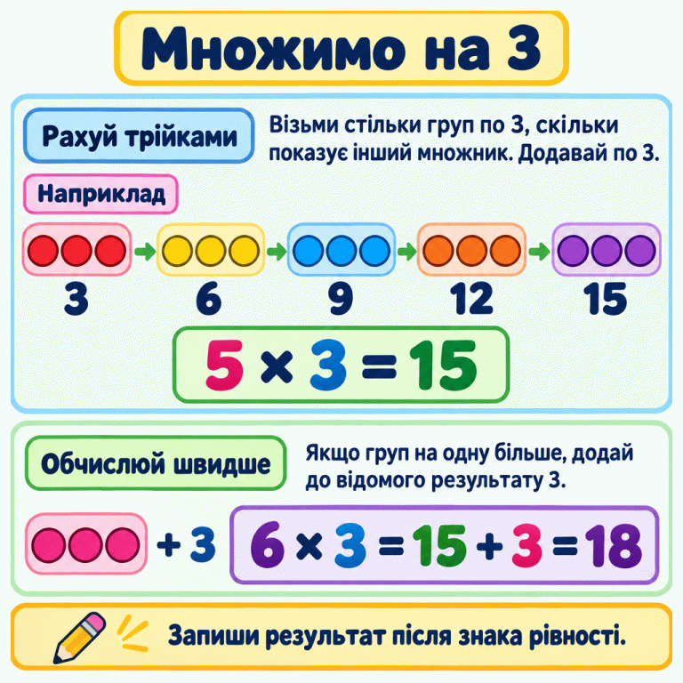 Навчальний приклад множення на 3: п’ять груп по три кружечки. Накопичені підсумки — 3, 6, 9, 12, 15, тому 5 × 3 = 15. Одна додаткова трійка додає 3 до відомого результату: 6 × 3 = 15 + 3 = 18. Множимо на 3 Рахуй трійками: Візьми стільки груп по 3, скільки показує інший множник. Додавай по 3. Обчислюй швидше: Якщо груп на одну більше, додай до відомого результату 3. Запиши результат після знака рівності. Наприклад 3 6 9 12 15 5 × 3 = 15 + 3 6 × 3 = 15 + 3 = 18