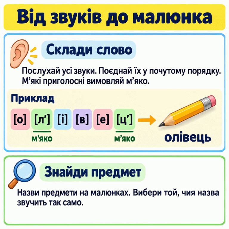 Послухай усі звуки та поєднай їх у почутому порядку. У навчальному прикладі звуки о, м’який л, і, в, е, м’який ц утворюють слово «олівець». Біля слова намальовано олівець. Назви предмети на малюнках і вибери той, чия назва звучить так само. Від звуків до малюнка Склади слово: Послухай усі звуки. Поєднай їх у почутому порядку. М’які приголосні вимовляй м’яко. Знайди предмет: Назви предмети на малюнках. Вибери той, чия назва звучить так само. Приклад [о] [л′] [і] [в] [е] [ц′] м’яко олівець
