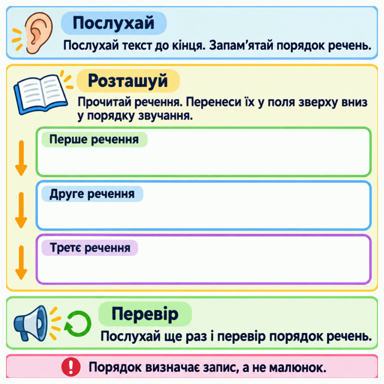 Послухай текст до кінця й запам’ятай порядок речень. Прочитай подані речення та перенеси їх у поля в порядку звучання. Схема показує: зверху — перше речення, посередині — друге, знизу — третє. Послухай ще раз і перевір послідовність. Порядок визначає запис, а не малюнок. Послухай: Послухай текст до кінця. Запам’ятай порядок речень. Розташуй: Прочитай речення. Перенеси їх у поля зверху вниз у порядку звучання. Перевір: Послухай ще раз і перевір порядок речень. Порядок визначає запис, а не малюнок. Перше речення Друге речення Третє речення !