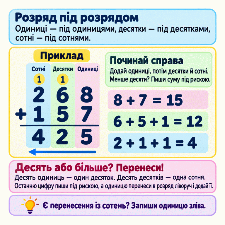 Навчальний приклад: 268 і 157 записані у стовпчик, сума — 425. Сотні стоять під сотнями, десятки під десятками, одиниці під одиницями. Додаємо справа наліво: 8 і 7 дають 15; 6, 5 і перенесена одиниця дають 12; 2, 1 і перенесена одиниця дають 4. Над десятками та сотнями позначено по одиниці перенесення. Десять одиниць утворюють десяток, десять десятків — сотню. Якщо є перенесення із сотень, одиницю записують зліва; у цьому прикладі такого перенесення немає. Розряд під розрядом: Одиниці — під одиницями, десятки — під десятками, сотні — під сотнями. Починай справа: Додай одиниці, потім десятки й сотні. Менше десяти? Пиши суму під рискою. Десять або більше? Перенеси!: Десять одиниць — один десяток. Десять десятків — одна сотня. Останню цифру пиши під рискою, а одиницю перенеси в розряд ліворуч і додай її. Є перенесення із сотень? Запиши одиницю зліва. Приклад Сотні Десятки Одиниці 268 157 425 + 1 8 + 7 = 15 6 + 5 + 1 = 12 2 + 1 + 1 = 4