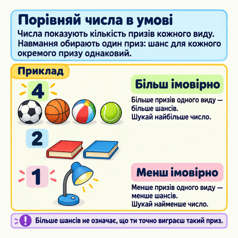 Картка пояснює, як порівнювати шанси за кількістю призів. Навмання обирають один приз, і шанс для кожного окремого призу однаковий. У навчальному прикладі чотири м’ячі, дві книжки та одна лампа. М’ячів найбільше — виграти такий приз більш імовірно. Ламп найменше — виграти такий приз менш імовірно. Більший шанс не гарантує виграшу саме цього виду призу. Порівняй числа в умові: Числа показують кількість призів кожного виду. Навмання обирають один приз: шанс для кожного окремого призу однаковий. Більш імовірно: Більше призів одного виду — більше шансів. Шукай найбільше число. Менш імовірно: Менше призів одного виду — менше шансів. Шукай найменше число. Більше шансів не означає, що ти точно виграєш такий приз. Приклад 4 2 1 !