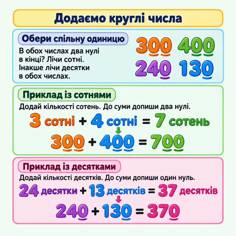 Додавання круглих чисел. Якщо в обох числах два нулі в кінці, лічимо сотні; інакше лічимо десятки в обох числах. Приклад із сотнями: 3 сотні + 4 сотні = 7 сотень, тому 300 + 400 = 700. Приклад із десятками: 24 десятки + 13 десятків = 37 десятків, тому 240 + 130 = 370. Додаємо круглі числа Обери спільну одиницю: В обох числах два нулі в кінці? Лічи сотні. Інакше лічи десятки в обох числах. Приклад із сотнями: Додай кількості сотень. До суми допиши два нулі. Приклад із десятками: Додай кількості десятків. До суми допиши один нуль. 3 сотні + 4 сотні = 7 сотень 300 + 400 = 700 24 десятки + 13 десятків = 37 десятків 240 + 130 = 370 300 400 240 130