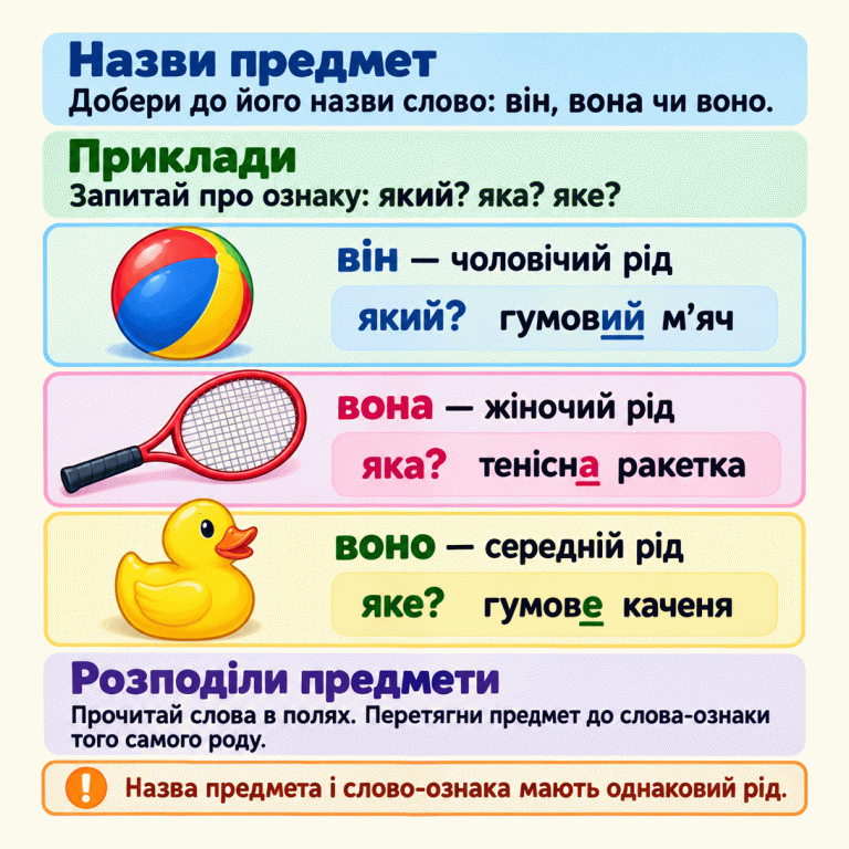 Картка пояснює узгодження назв предметів зі словами-ознаками. Назви предмет і добери слово він, вона чи воно. Навчальні приклади: гумовий м’яч — він, чоловічий рід, питання «який?»; тенісна ракетка — вона, жіночий рід, питання «яка?»; гумове каченя — воно, середній рід, питання «яке?». Прочитай слова в полях і перетягни предмет до слова-ознаки того самого роду. Назва предмета і слово-ознака мають однаковий рід. Назви предмет: Добери до його назви слово: він, вона чи воно. Приклади: Запитай про ознаку: який? яка? яке? Розподіли предмети: Прочитай слова в полях. Перетягни предмет до слова-ознаки того самого роду. Назва предмета і слово-ознака мають однаковий рід. він — чоловічий рід який? гумовий м’яч вона — жіночий рід яка? тенісна ракетка воно — середній рід яке? гумове каченя !