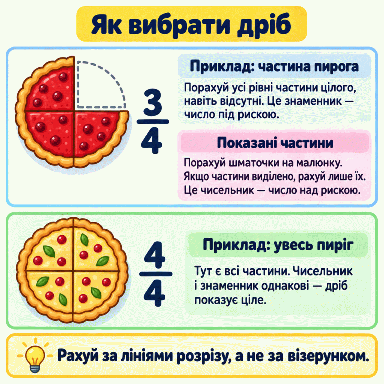Два навчальні приклади з пирогами. Перший поділено на чотири рівні частини: три шматочки наявні, місце четвертого позначене порожнім пунктирним контуром. Поруч дріб три четвертих. У другому є всі чотири частини, поруч дріб чотири четвертих, який показує ціле. Знаменник під рискою враховує всі частини, навіть відсутні; чисельник над рискою — показані або виділені. Частини рахують за розрізами, а не за візерунком. Як вибрати дріб Приклад: частина пирога: Порахуй усі рівні частини цілого, навіть відсутні. Це знаменник — число під рискою. Показані частини: Порахуй шматочки на малюнку. Якщо частини виділено, рахуй лише їх. Це чисельник — число над рискою. Приклад: увесь пиріг: Тут є всі частини. Чисельник і знаменник однакові — дріб показує ціле. Рахуй за лініями розрізу, а не за візерунком. 3 4