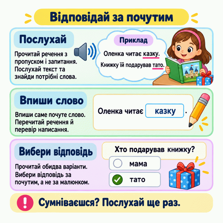 Прочитай речення з пропуском і запитання, послухай текст, впиши почуте слово та перевір написання. Потім вибери відповідь за почутим. Навчальний приклад: «Оленка читає казку. Книжку їй подарував тато». У реченні вписано слово «казку». На запитання «Хто подарував книжку?» серед варіантів «мама» й «тато» обрано «тато». Сумніваєшся? Послухай ще раз. Відповідай за почутим Послухай: Прочитай речення з пропуском і запитання. Послухай текст та знайди потрібні слова. Впиши слово: Впиши саме почуте слово. Перечитай речення й перевір написання. Вибери відповідь: Прочитай обидва варіанти. Вибери відповідь за почутим, а не за малюнком. Сумніваєшся? Послухай ще раз. Приклад Оленка читає казку. Книжку їй подарував тато. Хто подарував книжку? мама тато ✓ !