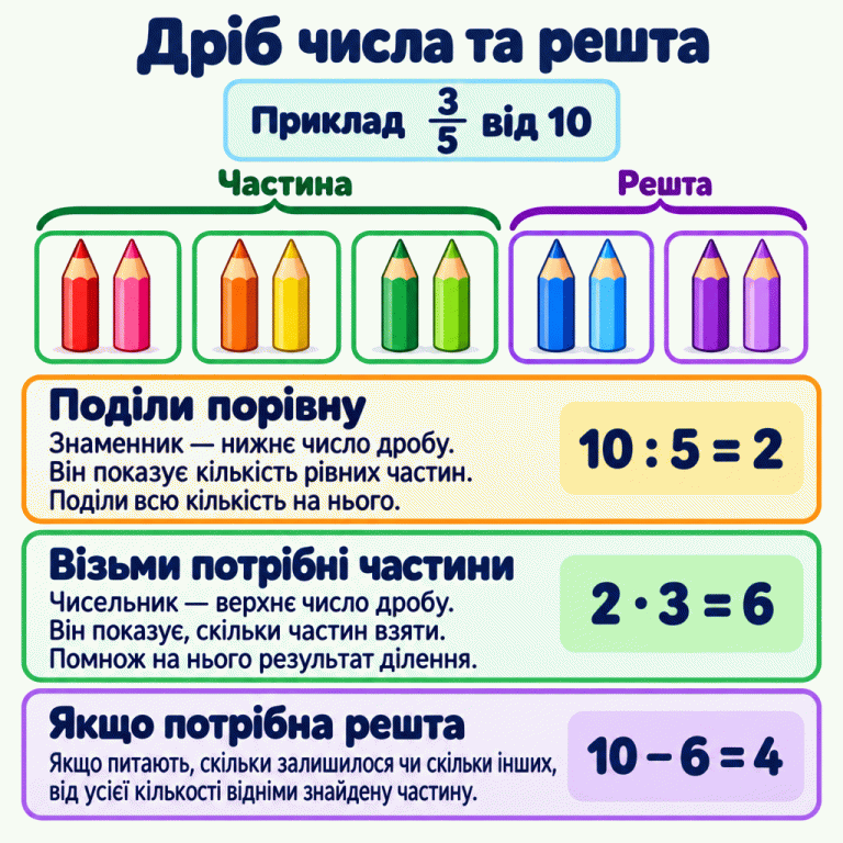 Навчальний приклад: три п’ятих від десяти. Десять олівців поділено на п’ять рівних груп по два. Три групи — шість олівців — задана частина; дві групи — чотири олівці — решта. Обчислення: 10 : 5 = 2, 2 · 3 = 6. Якщо запитують про решту, виконуємо 10 − 6 = 4. Дріб числа та решта Поділи порівну: Знаменник — нижнє число дробу. Він показує кількість рівних частин. Поділи всю кількість на нього. Візьми потрібні частини: Чисельник — верхнє число дробу. Він показує, скільки частин взяти. Помнож на нього результат ділення. Якщо потрібна решта: Якщо питають, скільки залишилося чи скільки інших, від усієї кількості відніми знайдену частину. Приклад 3/5 від 10 Частина Решта 10 : 5 = 2 2 · 3 = 6 10 − 6 = 4
