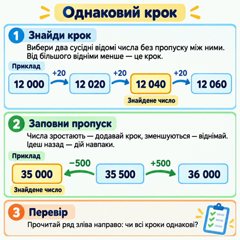 Два навчальні приклади однакового кроку. У ряду 12 000, 12 020, 12 040, 12 060 кожен перехід праворуч додає 20; знайдене число — 12 040. У ряду 35 000, 35 500, 36 000 крок праворуч дорівнює 500. Щоб знайти перше число, від 35 500 рухаються ліворуч і віднімають 500. Інструкція радить визначати крок за сусідніми відомими числами без пропуску, змінювати дію під час руху назад і перевіряти всі кроки зліва направо. Однаковий крок Знайди крок: Вибери два сусідні відомі числа без пропуску між ними. Від більшого відніми менше — це крок. Заповни пропуск: Числа зростають — додавай крок, зменшуються — віднімай. Ідеш назад — дій навпаки. Перевір: Прочитай ряд зліва направо: чи всі кроки однакові? Приклад 12 000 12 020 12 040 12 060 +20 Знайдене число 35 000 35 500 36 000 +500 −500 1 2 3