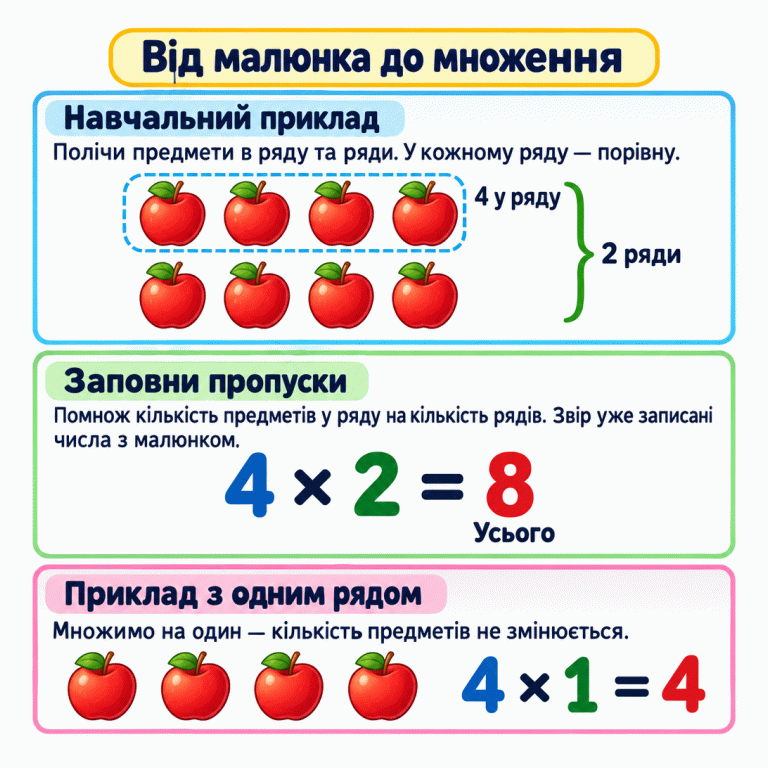 Навчальний приклад показує два ряди по чотири яблука та запис 4 × 2 = 8: чотири предмети в ряду, два ряди, вісім предметів усього. Нижче один ряд із чотирьох яблук і запис 4 × 1 = 4. Пояснення вчить рахувати предмети та ряди, звіряти числа з малюнком і заповнювати пропуски. Від малюнка до множення Навчальний приклад: Полічи предмети в ряду та ряди. У кожному ряду — порівну. Заповни пропуски: Помнож кількість предметів у ряду на кількість рядів. Звір уже записані числа з малюнком. Приклад з одним рядом: Множимо на один — кількість предметів не змінюється. 4 у ряду 2 ряди 4 × 2 = 8 Усього 4 × 1 = 4