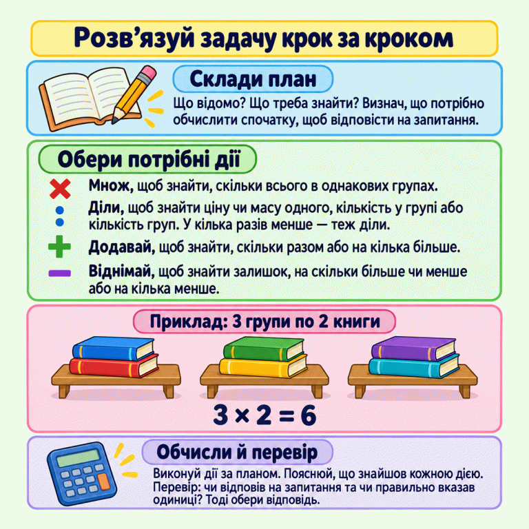 Картка пояснює, як розв’язувати задачу крок за кроком: скласти план, вибрати дії, обчислити й перевірити. Множення знаходить загальну кількість в однакових групах; ділення — величину одного, кількість у групі або кількість груп; додавання — суму чи збільшення; віднімання — залишок, різницю чи зменшення. У навчальному прикладі три групи по дві книги, разом шість: 3 × 2 = 6. Розв’язуй задачу крок за кроком Склади план: Що відомо? Що треба знайти? Визнач, що потрібно обчислити спочатку, щоб відповісти на запитання. Обери потрібні дії: Множ, щоб знайти, скільки всього в однакових групах.
Діли, щоб знайти ціну чи масу одного, кількість у групі або кількість груп. У кілька разів менше — теж діли.
Додавай, щоб знайти, скільки разом або на кілька більше.
Віднімай, щоб знайти залишок, на скільки більше чи менше або на кілька менше. Обчисли й перевір: Виконуй дії за планом. Пояснюй, що знайшов кожною дією. Перевір: чи відповів на запитання та чи правильно вказав одиниці? Тоді обери відповідь. × : + − Приклад: 3 групи по 2 книги 3 × 2 = 6