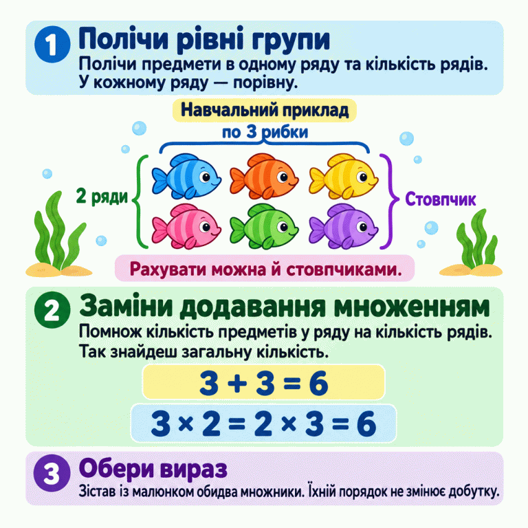 Навчальний приклад: шість рибок у двох рядах по три, або в трьох стовпчиках по дві. Три плюс три дорівнює шести; три помножити на два й два помножити на три також дають шість. Картка радить порахувати рівні групи, помножити та зіставити з малюнком обидва множники. Полічи рівні групи: Полічи предмети в одному ряду та кількість рядів. У кожному ряду — порівну. Заміни додавання множенням: Помнож кількість предметів у ряду на кількість рядів. Так знайдеш загальну кількість. Обери вираз: Зістав із малюнком обидва множники. Їхній порядок не змінює добутку. Рахувати можна й стовпчиками. Навчальний приклад 2 ряди по 3 рибки Стовпчик 3 + 3 = 6 3 × 2 = 2 × 3 = 6 1 2 3