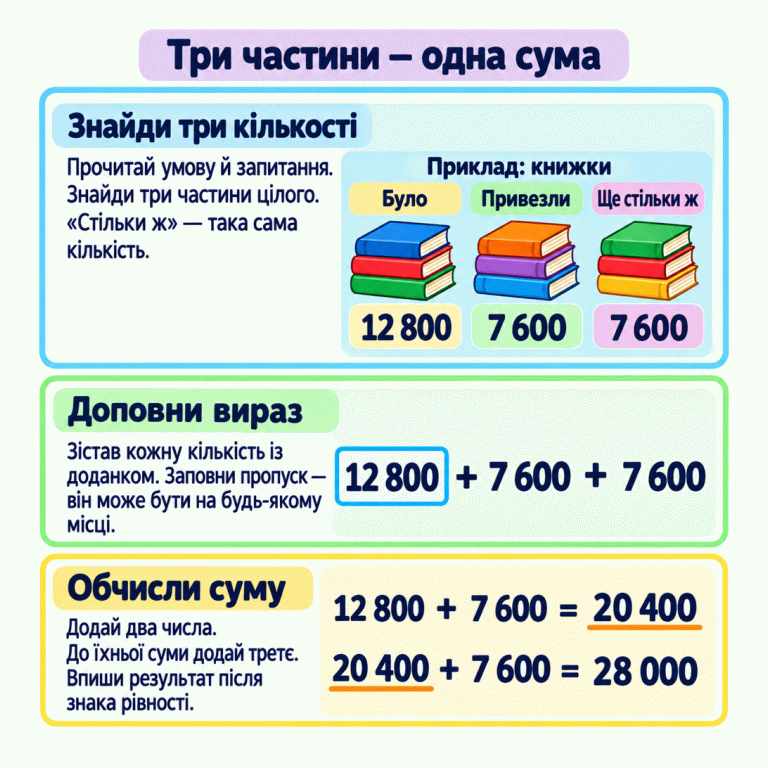 Картка пояснює три кроки: знайти три частини цілого, доповнити вираз і обчислити суму. У навчальному прикладі було 12 800 книжок, привезли 7 600 і ще стільки ж — 7 600. У виразі позначено заповнений доданок 12 800. Спочатку 12 800 + 7 600 = 20 400, потім 20 400 + 7 600 = 28 000. Пояснення нагадує, що пропущений доданок може бути на будь-якому місці, а результат записують після знака рівності. Три частини — одна сума Знайди три кількості: Прочитай умову й запитання. Знайди три частини цілого. «Стільки ж» — така сама кількість. Доповни вираз: Зістав кожну кількість із доданком. Заповни пропуск — він може бути на будь-якому місці. Обчисли суму: Додай два числа. До їхньої суми додай третє. Впиши результат після знака рівності. Приклад: книжки Було Привезли Ще стільки ж 12 800 7 600 20 400 28 000 + =