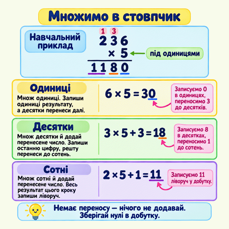 Навчальний приклад множення в стовпчик: 236 помножити на 5 дорівнює 1180. Множник 5 записано під одиницями. Спочатку 6 × 5 = 30: записуємо 0 одиниць, переносимо 3 до десятків. Далі 3 × 5 + 3 = 18: записуємо 8 десятків, переносимо 1 до сотень. Потім 2 × 5 + 1 = 11: записуємо обидві цифри ліворуч і отримуємо 1180. Якщо переносу немає, нічого не додаємо. Нулі в добутку зберігаємо. Множимо в стовпчик Одиниці: Множ одиниці. Запиши одиниці результату, а десятки перенеси далі. Десятки: Множ десятки й додай перенесене число. Запиши останню цифру, решту перенеси до сотень. Сотні: Множ сотні й додай перенесене число. Весь результат цього кроку запиши ліворуч. Немає переносу — нічого не додавай. Зберігай нулі в добутку. Навчальний приклад 236 × 5 під одиницями 1180 3 1 6 × 5 = 30 3 × 5 + 3 = 18 2 × 5 + 1 = 11 Записуємо 0 в одиницях, переносимо 3 до десятків. Записуємо 8 в десятках, переносимо 1 до сотень. Записуємо 11 ліворуч у добутку.