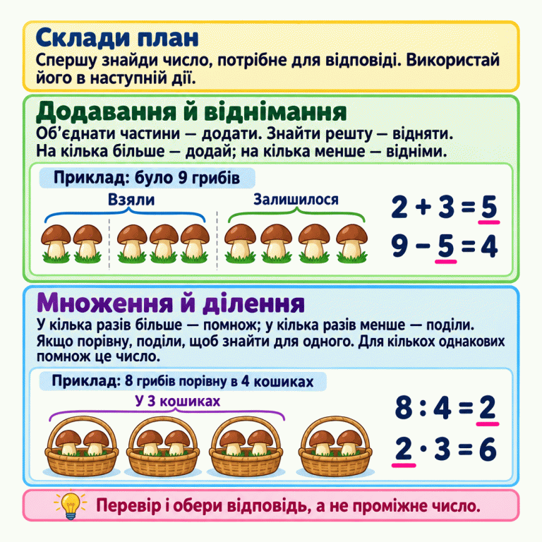 Картка пояснює, як спершу знайти потрібне число й використати його в наступній дії. Перший навчальний приклад: було дев’ять грибів, взяли два і три; разом взяли п’ять, залишилося чотири. Другий: вісім грибів розкладено порівну в чотири кошики, по два в кожному; у трьох таких кошиках шість грибів. Текст пояснює вибір додавання, віднімання, множення й ділення та нагадує обирати остаточну відповідь. Склади план: Спершу знайди число, потрібне для відповіді. Використай його в наступній дії. Додавання й віднімання: Об’єднати частини — додати. Знайти решту — відняти. На кілька більше — додай; на кілька менше — відніми. Множення й ділення: У кілька разів більше — помнож; у кілька разів менше — поділи. Якщо порівну, поділи, щоб знайти для одного. Для кількох однакових помнож це число. Перевір і обери відповідь, а не проміжне число. Приклад: було 9 грибів Взяли Залишилося 2 + 3 = 5 9 − 5 = 4 Приклад: 8 грибів порівну в 4 кошиках У 3 кошиках 8 : 4 = 2 2 · 3 = 6