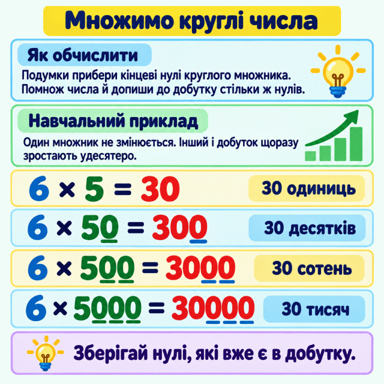 Помнож числа без кінцевих нулів круглого множника, а потім допиши стільки ж нулів до добутку. Навчальний приклад: 6 × 5 = 30; 6 × 50 = 300; 6 × 500 = 3000; 6 × 5000 = 30000. Це відповідно 30 одиниць, 30 десятків, 30 сотень і 30 тисяч. Другий множник і добуток щоразу зростають удесятеро. Нуль, який уже є в початковому добутку 30, зберігається. Множимо круглі числа Як обчислити: Подумки прибери кінцеві нулі круглого множника. Помнож числа й допиши до добутку стільки ж нулів. Навчальний приклад: Один множник не змінюється. Інший і добуток щоразу зростають удесятеро. Зберігай нулі, які вже є в добутку. 6 × 5 = 30 30 одиниць 6 × 50 = 300 30 десятків 6 × 500 = 3000 30 сотень 6 × 5000 = 30000 30 тисяч