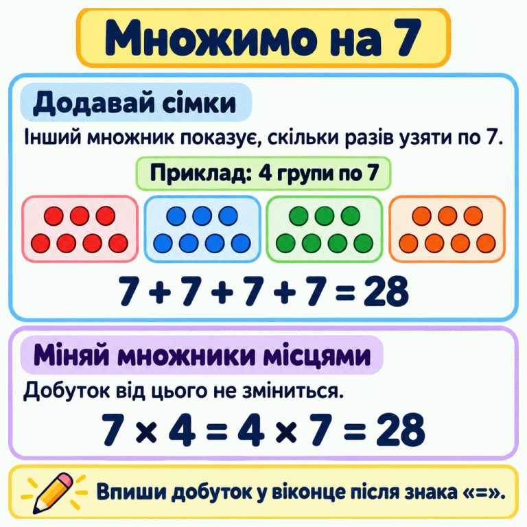 Картка «Множимо на 7». Інший множник показує, скільки разів узяти по сім. У навчальному прикладі чотири групи по сім крапок: сім плюс сім плюс сім плюс сім дорівнює двадцяти восьми. Сім помножити на чотири та чотири помножити на сім дають однаковий добуток — двадцять вісім. Перестановка множників не змінює добуток. Обчислений добуток потрібно вписати у віконце після знака рівності. Множимо на 7 Додавай сімки: Інший множник показує, скільки разів узяти по 7. Міняй множники місцями: Добуток від цього не зміниться. Впиши добуток у віконце після знака «=». Приклад: 4 групи по 7 7 + 7 + 7 + 7 = 28 7 × 4 = 4 × 7 = 28