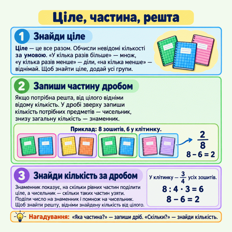 Картка пояснює, як визначити ціле, записати частину дробом і знайти кількість за дробом. У навчальному прикладі є вісім зошитів: шість у клітинку й два в лінійку. Вони об’єднані в чотири групи по два. Зошити в лінійку становлять дві восьмих усіх зошитів. Зошити у клітинку займають три з чотирьох рівних груп: вісім поділити на чотири й помножити на три — шість. Решта: вісім мінус шість — два. Ціле, частина, решта Знайди ціле: Ціле — це все разом. Обчисли невідомі кількості за умовою. «У кілька разів більше» — множ, «у кілька разів менше» — діли, «на кілька менше» — віднімай. Щоб знайти ціле, додай усі групи. Запиши частину дробом: Якщо потрібна решта, від цілого відніми відому кількість. У дробі зверху запиши кількість потрібних предметів — чисельник, знизу загальну кількість — знаменник. Знайди кількість за дробом: Знаменник показує, на скільки рівних частин поділити ціле, а чисельник — скільки таких частин узяти. Поділи число на знаменник і помнож на чисельник. Щоб знайти решту, відніми знайдену кількість від цілого. «Яка частина?» — запиши дріб. «Скільки?» — знайди кількість. Приклад: 8 зошитів, 6 у клітинку. 8 − 6 = 2 2/8 У клітинку — 3/4 усіх зошитів. 8 : 4 · 3 = 6 1 2 3 Нагадування: