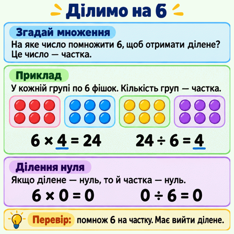 Ділення на 6 пояснюється через множення: потрібно знайти число, на яке множимо 6, щоб отримати ділене. Навчальний приклад показує 24 фішки у чотирьох групах по шість. Шість помножити на чотири — двадцять чотири, тому двадцять чотири поділити на шість — чотири. Окремий приклад показує: шість помножити на нуль — нуль, тому нуль поділити на шість — нуль. Для перевірки потрібно помножити 6 на частку й отримати ділене. Ділимо на 6 Згадай множення: На яке число помножити 6, щоб отримати ділене? Це число — частка. Приклад: У кожній групі по 6 фішок. Кількість груп — частка. Ділення нуля: Якщо ділене — нуль, то й частка — нуль. Перевір: помнож 6 на частку. Має вийти ділене. 6 × 4 = 24 24 ÷ 6 = 4 6 × 0 = 0 0 ÷ 6 = 0