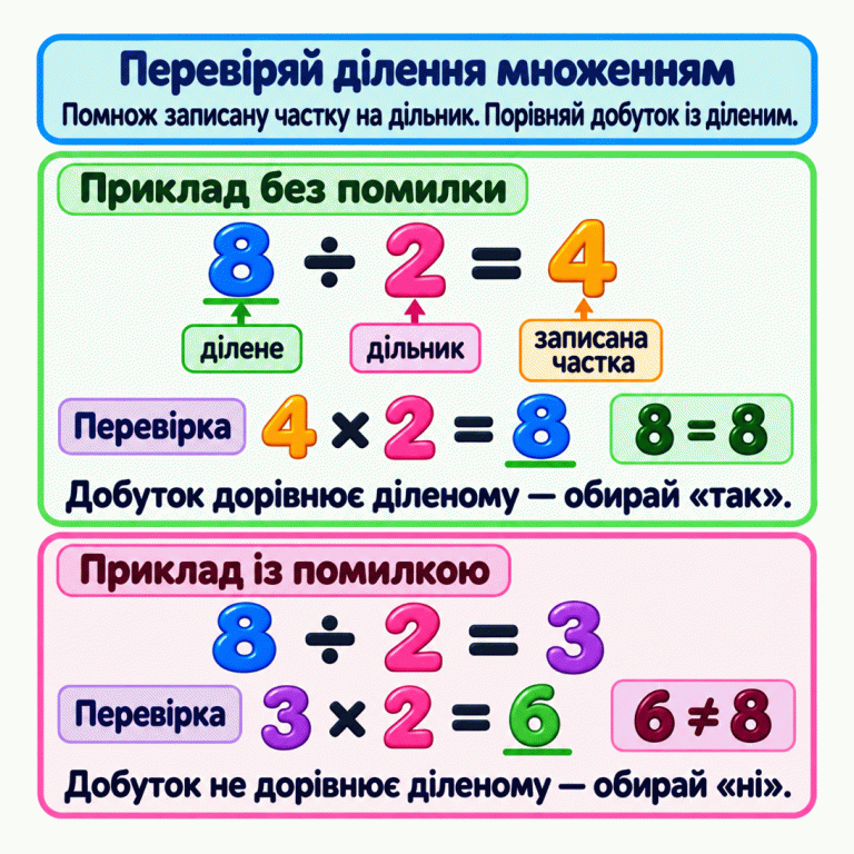 Перевірка ділення множенням. Помнож записану частку на дільник і порівняй добуток із діленим. Два навчальні приклади: у записі 8 ÷ 2 = 4 ділене — 8, дільник — 2, записана частка — 4. Перевірка 4 × 2 = 8 дає 8 = 8, тому обираємо «так». Запис 8 ÷ 2 = 3 помилковий: 3 × 2 = 6, а 6 не дорівнює 8, тому обираємо «ні». Перевіряй ділення множенням: Помнож записану частку на дільник. Порівняй добуток із діленим. Приклад без помилки: Добуток дорівнює діленому — обирай «так». Приклад із помилкою: Добуток не дорівнює діленому — обирай «ні». 8 ÷ 2 = 4 ділене дільник записана частка Перевірка 4 × 2 = 8 8 = 8 8 ÷ 2 = 3 3 × 2 = 6 6 ≠ 8