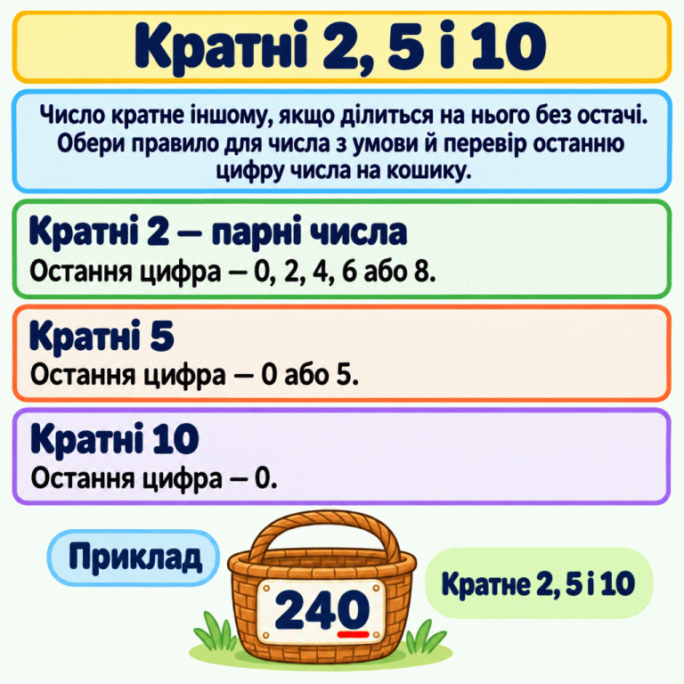 Число кратне іншому, якщо ділиться на нього без остачі. Кратні 2 — парні числа з останньою цифрою 0, 2, 4, 6 або 8. Кратні 5 закінчуються на 0 або 5, а кратні 10 — на 0. На навчальному кошику записано 240; підкреслено останню цифру 0. Це число кратне 2, 5 і 10. Для вибору кошика застосуй правило для числа, зазначеного в умові. Кратні 2, 5 і 10 Кратні 2 — парні числа: Остання цифра — 0, 2, 4, 6 або 8. Кратні 5: Остання цифра — 0 або 5. Кратні 10: Остання цифра — 0. Число кратне іншому, якщо ділиться на нього без остачі. Обери правило для числа з умови й перевір останню цифру числа на кошику. Приклад 240 Кратне 2, 5 і 10