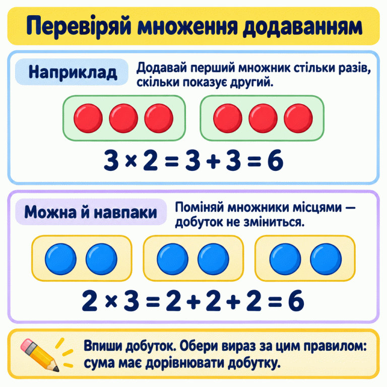 Картка пояснює перевірку множення додаванням однакових доданків. Навчальний приклад: три помножити на два — це дві групи по три фішки; три плюс три дорівнює шести. Після перестановки множників два помножити на три — це три групи по дві фішки; два плюс два плюс два також дорівнює шести. Добуток не змінюється. Потрібно вписати добуток і вибрати відповідний вираз на додавання, перевіривши значення доданків, їхню кількість та суму. Перевіряй множення додаванням Наприклад: Додавай перший множник стільки разів, скільки показує другий. Можна й навпаки: Поміняй множники місцями — добуток не зміниться. Впиши добуток. Обери вираз за цим правилом: сума має дорівнювати добутку. 3 × 2 = 3 + 3 = 6 2 × 3 = 2 + 2 + 2 = 6