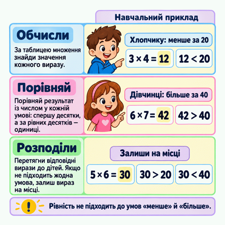 Пам’ятка з трьома діями: обчисли значення виразу, порівняй його з числом у кожній умові та розподіли лише відповідні вирази. У навчальному прикладі хлопчику потрібне значення менше за 20: 3 помножити на 4 дорівнює 12. Дівчинці потрібне значення більше за 40: 6 помножити на 7 дорівнює 42. Вираз 5 помножити на 6 має значення 30, яке більше за 20, але менше за 40, тому залишається на місці. Рівність не виконує умови «менше» чи «більше». Обчисли: За таблицею множення знайди значення кожного виразу. Порівняй: Порівняй результат із числом у кожній умові: спершу десятки, а за рівних десятків — одиниці. Розподіли: Перетягни відповідні вирази до дітей. Якщо не підходить жодна умова, залиш вираз на місці. Рівність не підходить до умов «менше» й «більше». Навчальний приклад Хлопчику: менше за 20 3 × 4 = 12 12 < 20 Дівчинці: більше за 40 6 × 7 = 42 42 > 40 5 × 6 = 30 30 > 20 30 < 40 Залиши на місці !