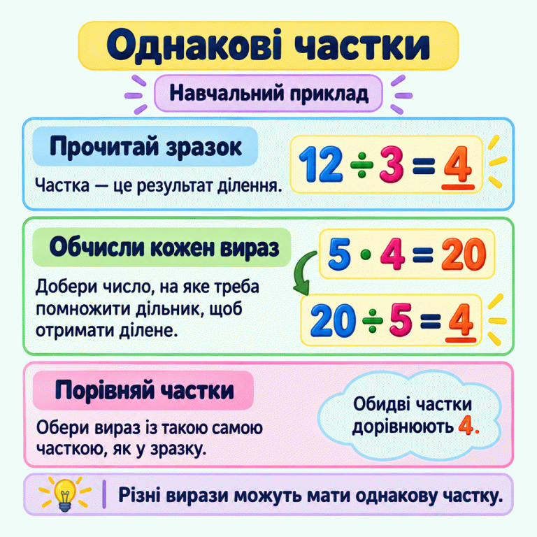 Три кроки: прочитай частку зразка, обчисли кожен вираз і порівняй частки. У навчальному прикладі 12 ÷ 3 = 4 і 20 ÷ 5 = 4 мають однаковий результат. Множення 5 · 4 = 20 допомагає знайти другу частку. Обидва результати 4 підкреслено. Різні вирази можуть мати однакову частку. Однакові частки Прочитай зразок: Частка — це результат ділення. Обчисли кожен вираз: Добери число, на яке треба помножити дільник, щоб отримати ділене. Порівняй частки: Обери вираз із такою самою часткою, як у зразку. Різні вирази можуть мати однакову частку. Навчальний приклад 12 ÷ 3 = 4 5 · 4 = 20 20 ÷ 5 = 4 Обидві частки дорівнюють 4.