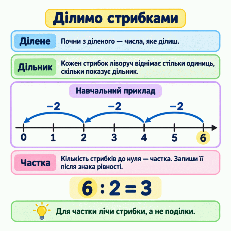 Навчальний приклад: 6 : 2 = 3. Три стрибки ліворуч ведуть від 6 до 4, потім до 2 і до 0. Кожен стрибок віднімає 2 одиниці. Ділене задає початок руху, дільник — довжину стрибка в одиницях, частка — кількість стрибків до нуля. Ділимо стрибками Ділене: Почни з діленого — числа, яке ділиш. Дільник: Кожен стрибок ліворуч віднімає стільки одиниць, скільки показує дільник. Частка: Кількість стрибків до нуля — частка. Запиши її після знака рівності. Для частки лічи стрибки, а не поділки. Навчальний приклад 1 2 3 4 5 6 −2 6 : 2 = 3