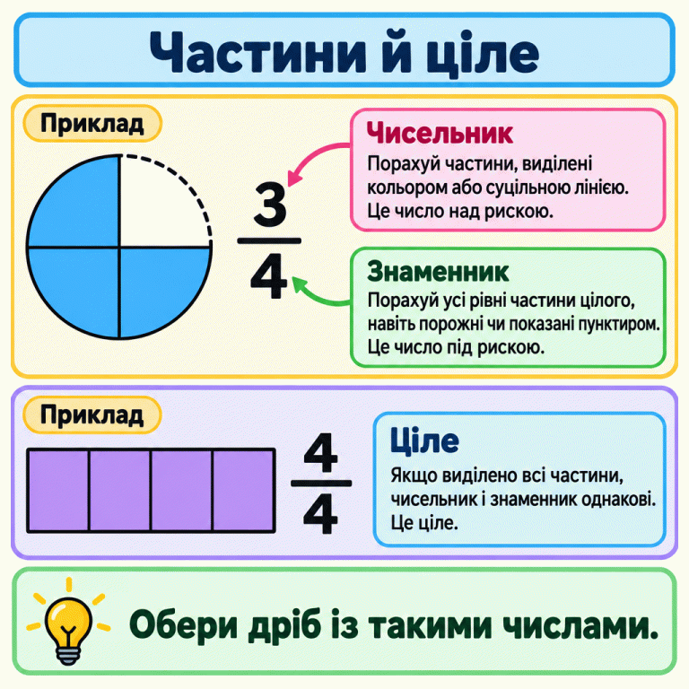 Навчальні приклади. Коло поділено на чотири рівні частини: три виділені, четверта окреслена пунктиром. Дріб три четвертих має чисельник три над рискою і знаменник чотири під нею. У прямокутнику всі чотири рівні частини виділені, тому чотири четвертих показують ціле. Порахуй виділені та всі рівні частини, щоб обрати дріб. Частини й ціле Чисельник: Порахуй частини, виділені кольором або суцільною лінією. Це число над рискою. Знаменник: Порахуй усі рівні частини цілого, навіть порожні чи показані пунктиром. Це число під рискою. Ціле: Якщо виділено всі частини, чисельник і знаменник однакові. Це ціле. Обери дріб із такими числами. Приклад 3 4